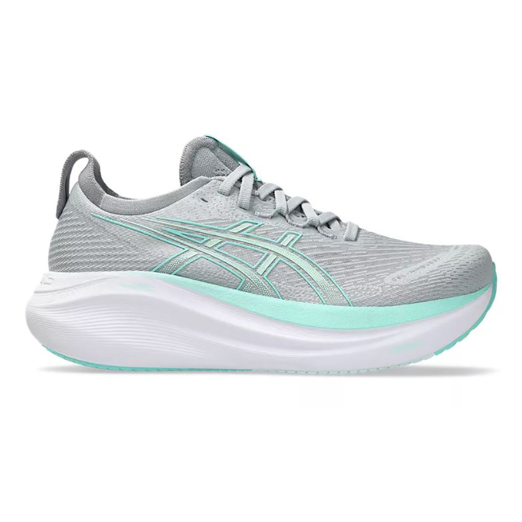 ASICS バスケットボールシューズ グレー/ミントグリーン Womens Asics Gel-Nimbus 27 Wide in Piedmont Grey/Illuminate Mint