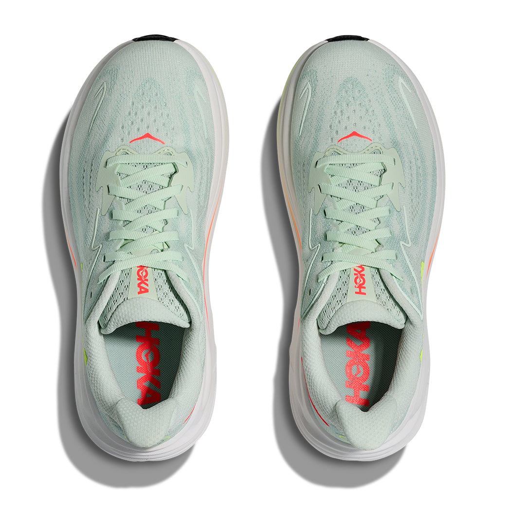 Womens Hoka Clifton 10 in Sea Glass/Neon Flame