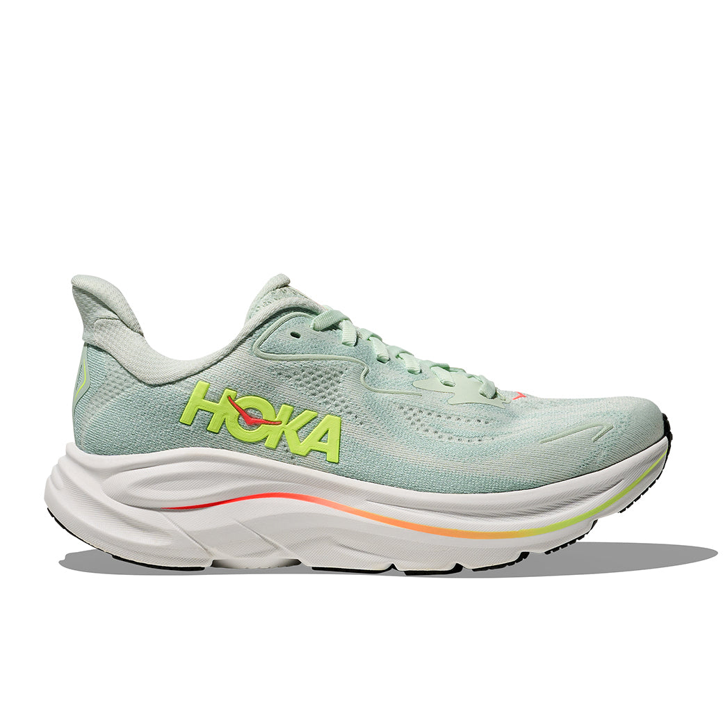 Womens Hoka Clifton 10 in Sea Glass/Neon Flame