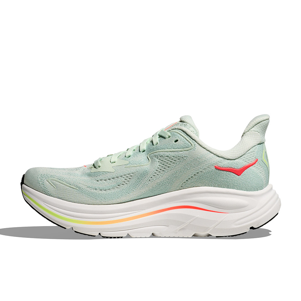 Womens Hoka Clifton 10 Wide in Sea Glass/Neon Flame