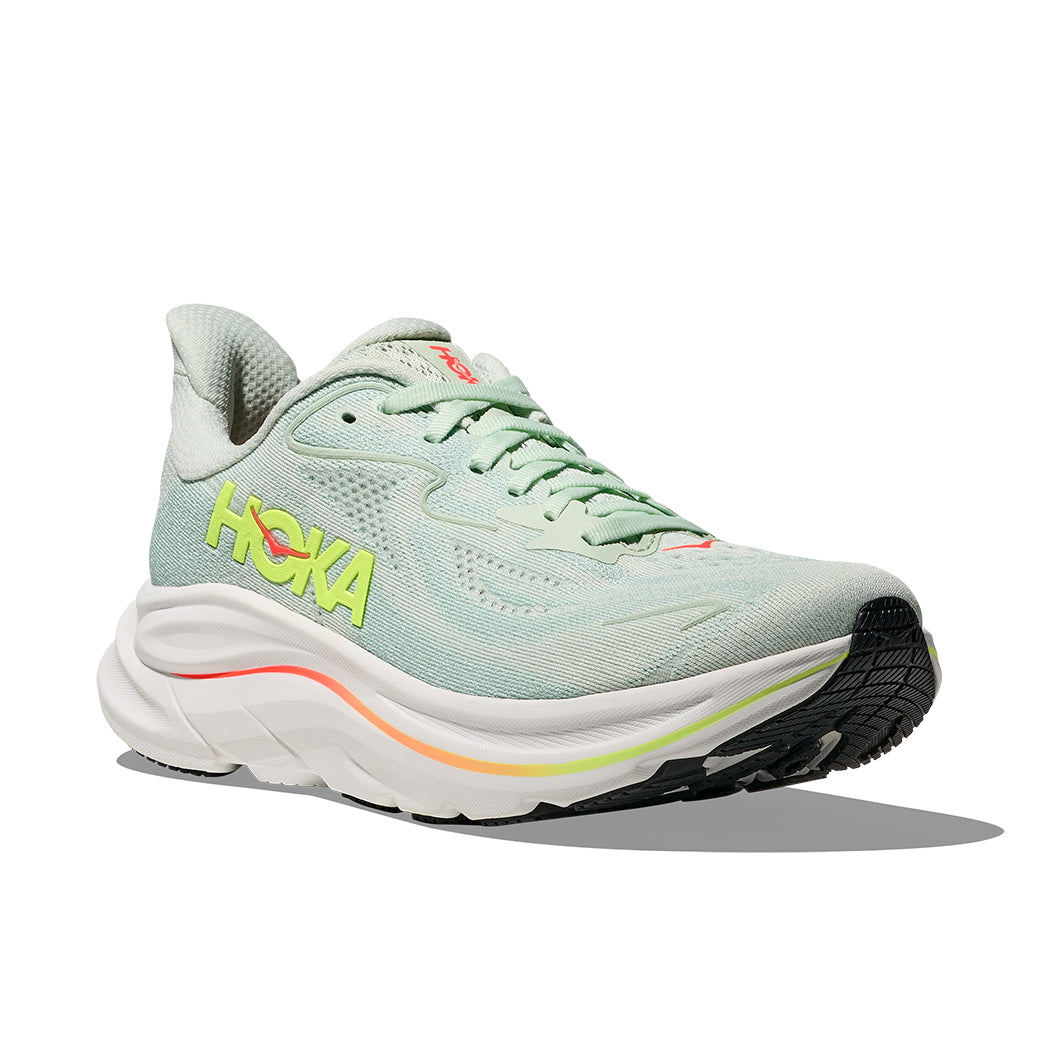 Womens Hoka Clifton 10 Wide in Sea Glass/Neon Flame